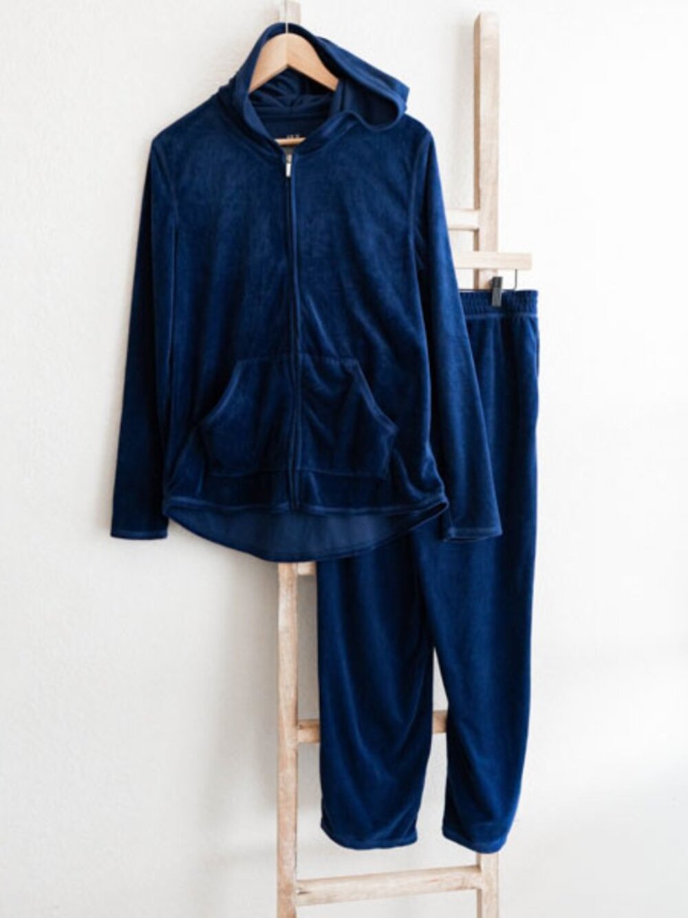 Hue Blue Velour Lounge Set Zip Up Hoodie Jogger Pants Pockets Size Medium